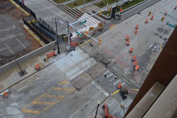 Overhead view of the work being done on Beaubien and Atwater Street near the GM Renaissance Center