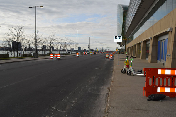 New surface down on the back straightaway at Atwater Street in front of the GM Renaissance Center 