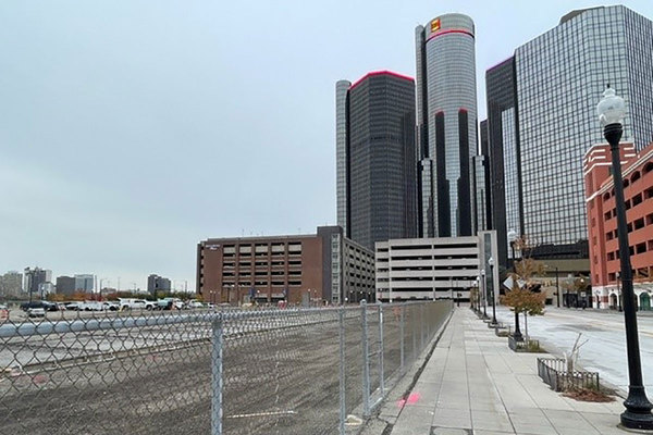 A different angle of the construction on the new pit lane/paddock area with the GM Renaissance Center in the background