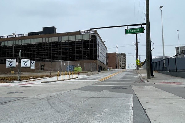 Construction on Franklin Street that will be Turn 1 of the new Downtown Detroit street circuit